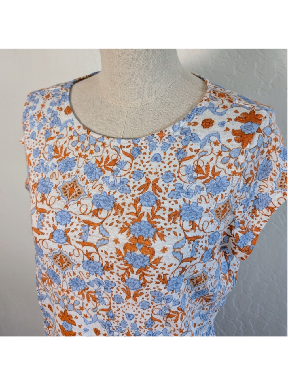 Rachel Zoe Linen Top M Blue Orange Floral Boho Coastal Lightweight Blouse - Picture 4 of 12